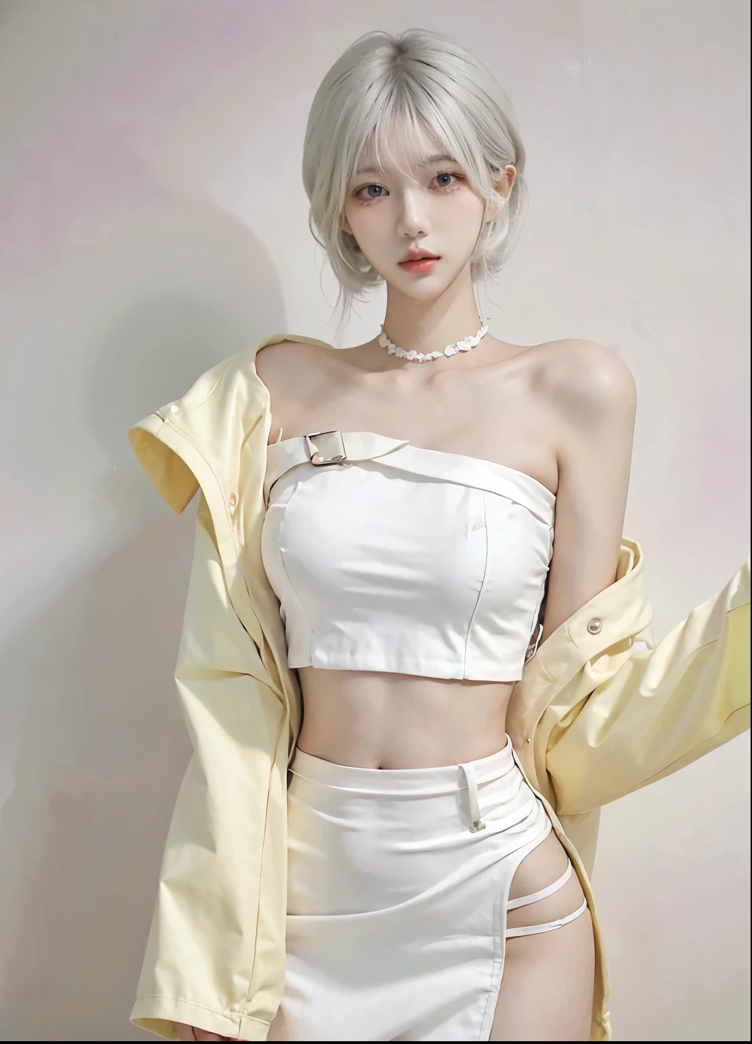 Beautiful woman with perfect figure:1.4，Ultra-high resolution，White background，（Realism:1.4)，Layered hairstyle，White skin，JK:1.5，Super short pleated skirt，whole body：1.4，Very delicate and skin texture，Double eyelids，Skin Whitening，short hair，White hair
