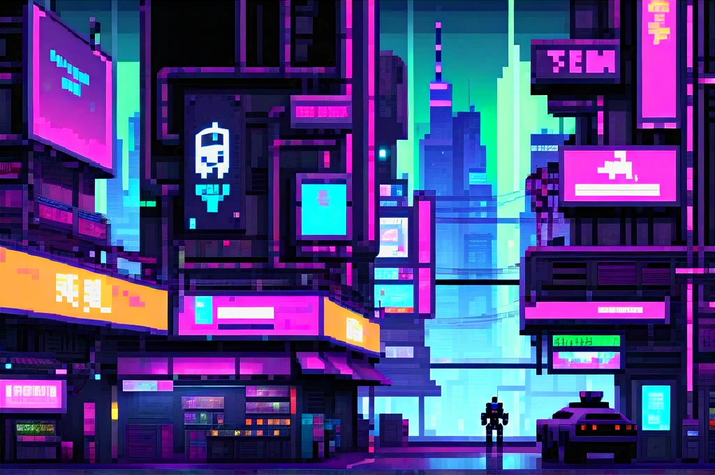 Pixel art wallpaper, art for a game main menu, a cyberpunk setting with a billboard to put a logo inside, a city controlled by robots