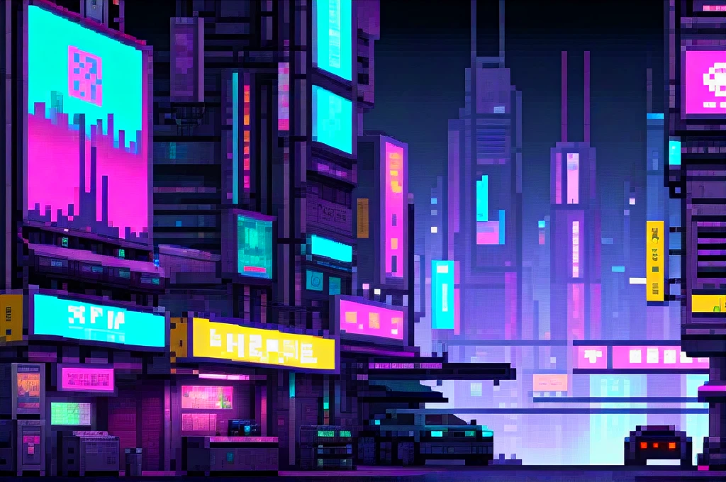 Pixel art wallpaper, art for a game main menu, a cyberpunk setting with a billboard to put a logo inside, a city controlled by robots