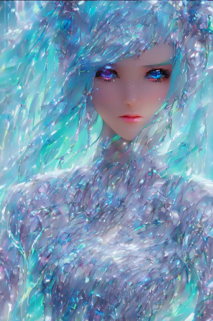 1 solo, High resolution, sharp focus, neon aqua clothing, sunlit backdrop, front-facing, determined expression, detailed realistic eyes, hair flows like ribbons, feminine, robotic, a.i. Biologically enhanced body