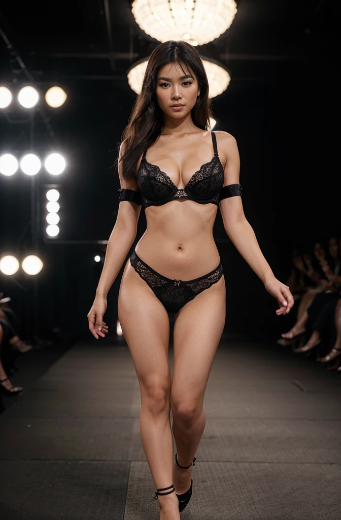 “Develop an HD Ultra Realistic 8K image of Young Attractive Asian Woman Sophie Tan as a high-fashion lingerie model strutting down a runway. She is wearing a stunning black lace and satin lingerie set with high heels, exuding confidence. The runway is lined with bright lights and photographers, capturing every angle of her elegant stride. Use a cinematic camera with a 70mm lens to focus on the intricate details of her lingerie and her powerful pose (1.3). The background of flashing cameras and the audience should be slightly blurred, emphasizing Sophie’s commanding presence on the runway (1.2). Post-production should enhance the lighting and add a subtle motion blur to convey the dynamic energy of the fashion show (1.4).”