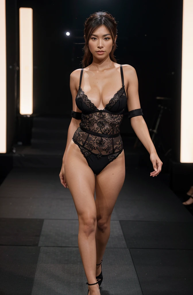 “Develop an HD Ultra Realistic 8K image of Young Attractive Asian Woman Sophie Tan as a high-fashion lingerie model strutting down a runway. She is wearing a stunning black lace and satin lingerie set with high heels, exuding confidence. The runway is lined with bright lights and photographers, capturing every angle of her elegant stride. Use a cinematic camera with a 70mm lens to focus on the intricate details of her lingerie and her powerful pose (1.3). The background of flashing cameras and the audience should be slightly blurred, emphasizing Sophie’s commanding presence on the runway (1.2). Post-production should enhance the lighting and add a subtle motion blur to convey the dynamic energy of the fashion show (1.4).”