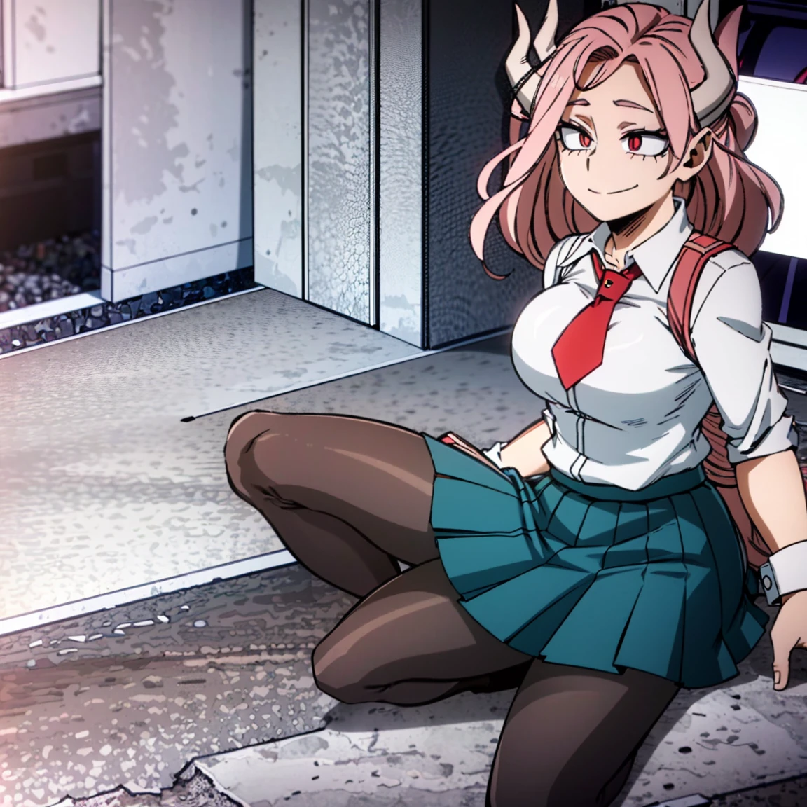 1girl, a demon, sarvente, female focus, boku no hero academia, masterpiece, best quality, very aesthetic, big breasts, gray jacket, red tie, white shirt, teal skirt, gray tights, boots, long wavy hair, light pink hair, hot pink eyes, smile, black horns, beautiful, sunset