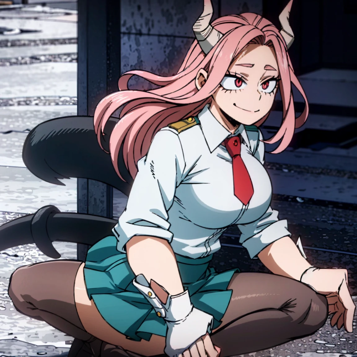 1girl, a demon, sarvente, female focus, boku no hero academia, masterpiece, best quality, very aesthetic, big breasts, gray jacket, red tie, white shirt, teal skirt, gray tights, boots, long wavy hair, light pink hair, hot pink eyes, smile, black horns, beautiful, sunset