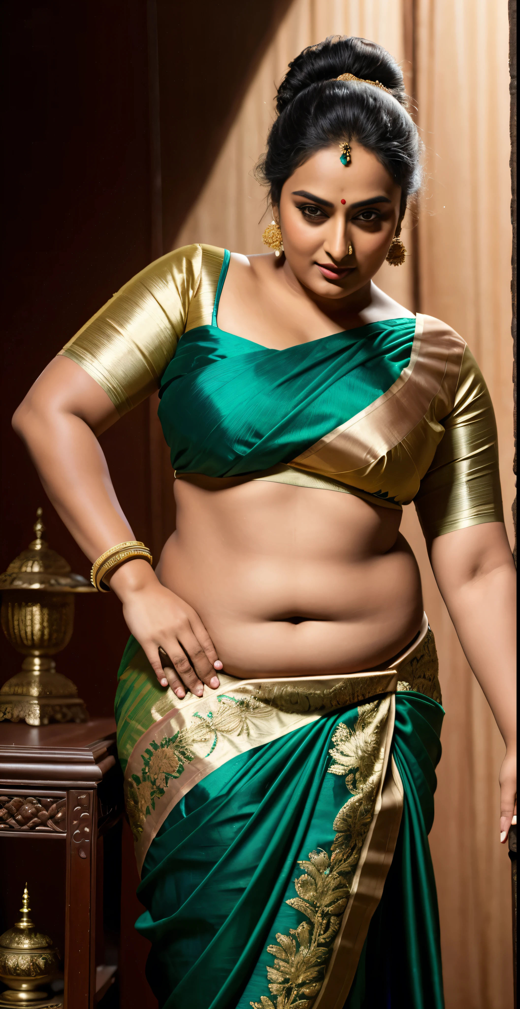 Foto RAW, photorealistic, photography, full body shot, master shot, goddess like beauty, perfect thick chubby mallu Desi aunty bhabhi, Wearing a Stanapatta, a chest-band.Saree model, model Photography, Indian saree shoot, Indian traditional wear advertising photography, traditional wear brand shoot, face of Indian actress Sonakshi Sinha, masterpiece, realistic, realism, incredible details, pleasure, photorealism, detailed skin, skin pores, high contrast, photorealistic Artstation 8k HD digital art trend of high definition and detailed realistic skin texture, ultra detail, realistic skin texture, armature, best quality, ultra high definition, (photorealistic:1.4),, high resolution, detail, raw photo, Re sharp, by Lee Jefferies Nikon D850 Film Stock Photo 4 Kodak Portra 400 Camera F1.6 Lens Rich Color Ultra Real Realistic Realistic Textures Dramatic Lighting Unreal Engine Trending at Art Station Cinestill 800,(pele altamente detalhada: 1.2), 8k UHD, DSLR, soft-lighting, alta qualidade, grain of film, Fujifilm XT3,she didn't like to wear blouse or bra, she happy to wear only saree, she hates blouse or bra,