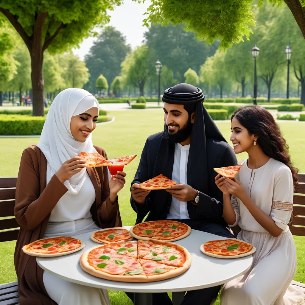 A Muslim man and his veiled Muslim wife and daughter in a park eating pizza and drinking juice . High quality photo realistic .8k,, detailed, realistic, 8k uhd, high quality