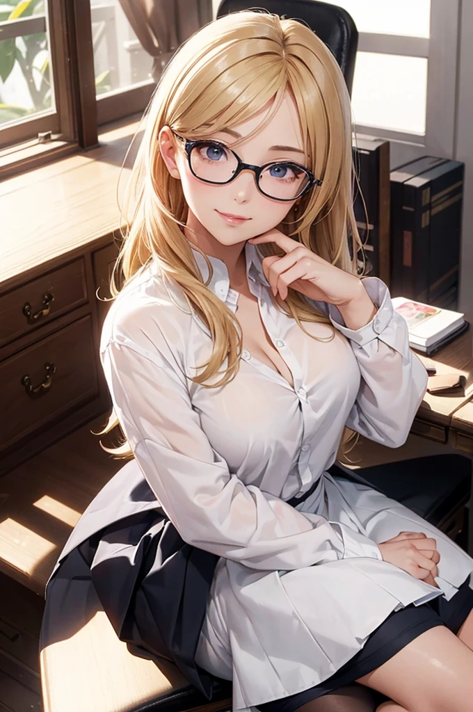 masterpiece, 最high quality, high quality, High resolution, high quality texture, high quality shadows, High resolution, Beautiful details, Detailed CG, Detailed Texture, Realistic representation of face, Realistic, colorful, delicate, Cinematic Light, Side light, Lens flare, Ray Tracing, sharp concentrated, (1 Girl,concentrated:1.3), ( Intricate details, compensate, PureErosFaceV1:0.5), (細部まで美しいdelicateな顔, 緻密で美しいdelicateな瞳, Perfect Facial Proportions, Dense skin, Optimal ratio of four fingers to one thumb, Arms under chest, medium breasts, Wide Hips, Smooth upper abdomen, Tilt,middle hair ,wavy hair , Without hands, 30 years old,Blue Eyes,Glasses, Study,Office Lady, Navy uniform,Glasses,White shirt, Black tight skirt,Black Stockings,machine,adultery,house wife,curvy,supright straddle, bich, sweat,missionary,seductive gaze, the gaze of true love, lips of temptation, A look full of compassion ,a smile full of love, i love you, Acting lovey-dovey, air fortress hair, blonde hair,show off nipples under white shirt