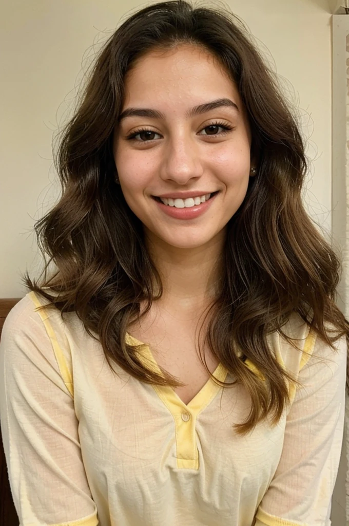 20YO, small nose, one women,attractive, Jordanian, Arab, Bright Yellow shirt, cute smile, cute face, white teethes, skinny face, light brown eyes, black/blonde long hair, modest