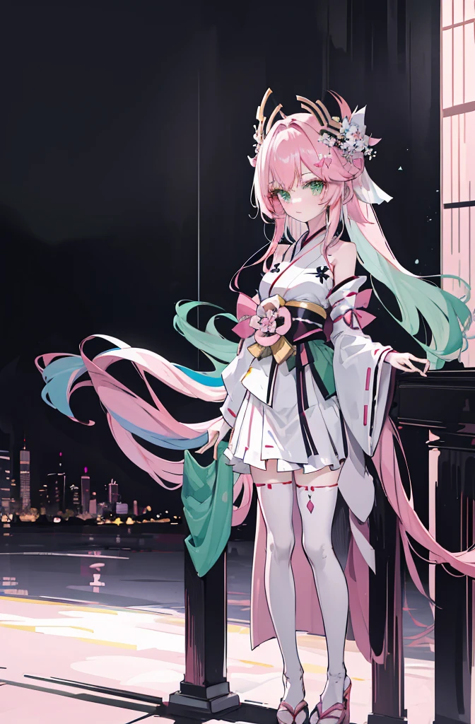 ((A pink-haired))，The hair was long，green eyes,Very long dull hairs，dark city background，white kimono costume，White miko stockings，white mini skirt, night,standing,pink hair,pink hair,