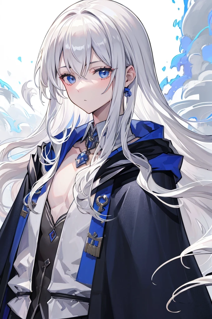 (masterpiece, highest quality:1.2), highest quality, masterpiece, high resolution, Anime style, portraiture, beautiful male, long hair, Silver hair, platinum blond hair, uniform for men, oversized coat, disproportionate cloak, dark blue eyes, ((small chest, Masculine chest)), magic, magic square, magician