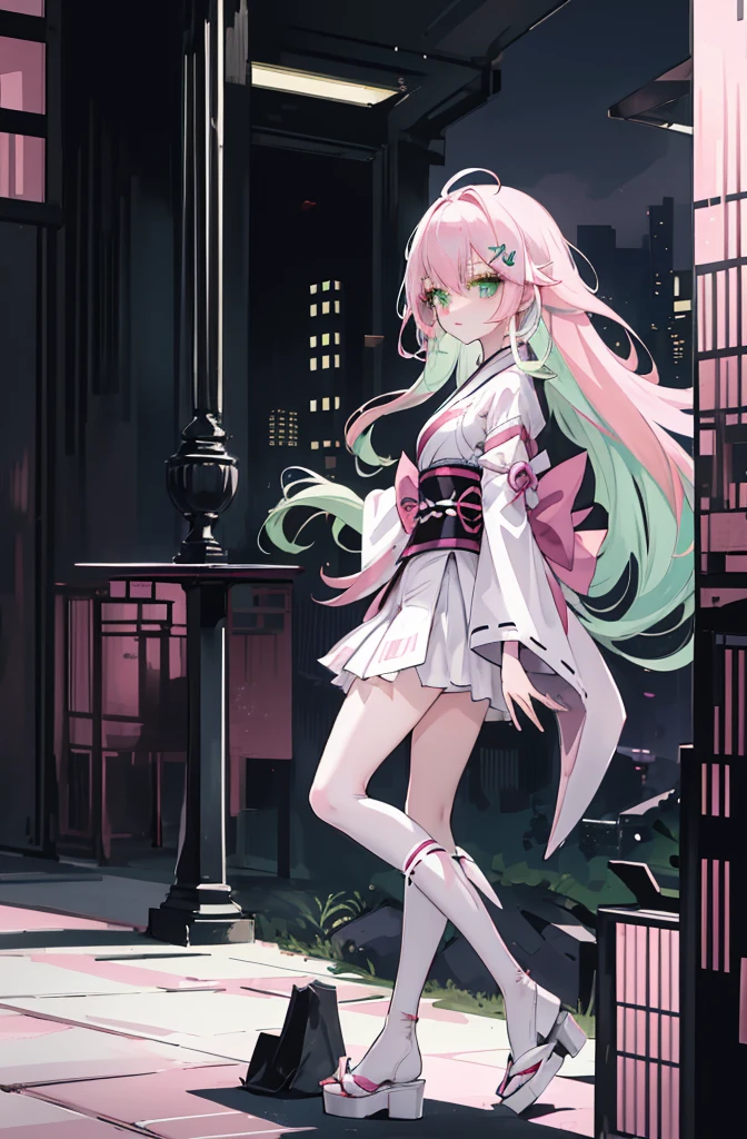 ((A pink-haired))，The hair was long，green eyes,Very long dull hairs，dark city background，white kimono costume，White miko stockings，white mini skirt, night,standing,pink hair,pink hair,