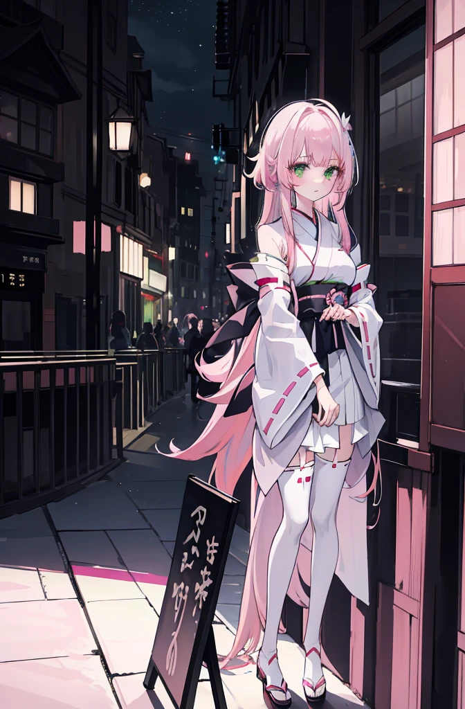 ((A pink-haired)),The hair was long,green eyes,Very long dull hairs,dark city background,white kimono costume,White miko stockings,white mini skirt, night,standing,pink hair,pink hair,
