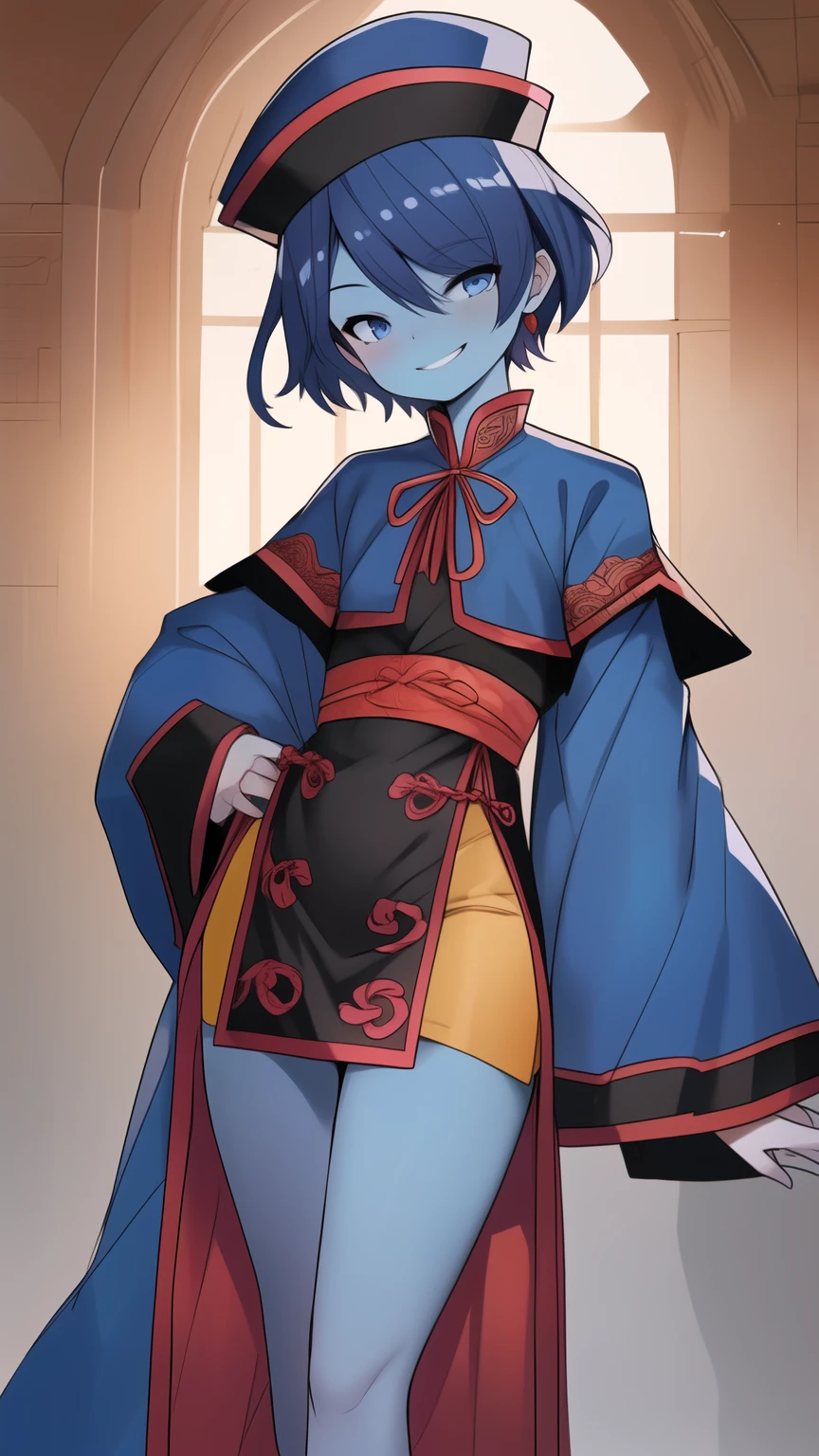 Best quality, Super detailed illustration, Warm colors, perfect lighting, (boy:1.6), (the blue skin:1,6) , short tousled thick hair ,Jiangshi clothing, long sleeves, long skirt with leg cutout on the sides, open legs, Tight-fitting clothing, Guanli hat ,smug smile, Happy , a femboy, small waist, wide hips, slim, Perfect body, full length, black and lilac color of clothes