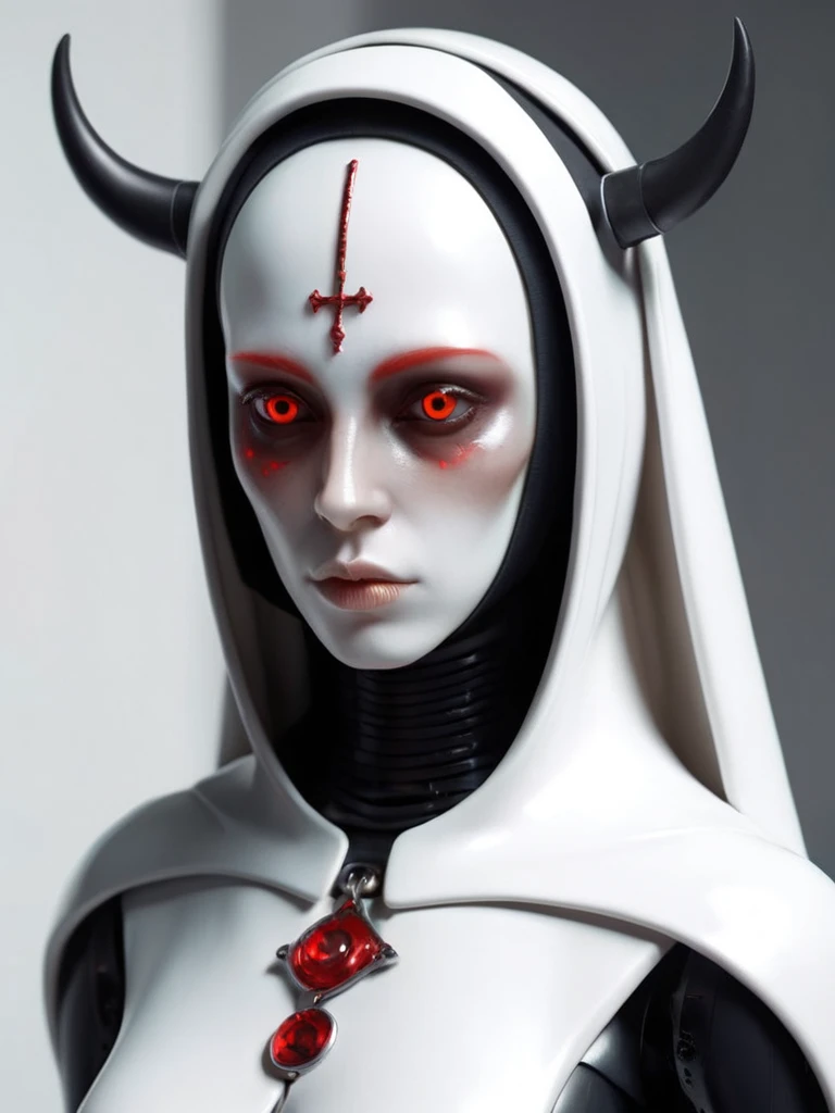 ral-opal, meahophontron, full body, woman robot face, devil nun, negro, looking at camera, body nun clothes, red eyes, primer plano looking at camera, realist, beautifull woman