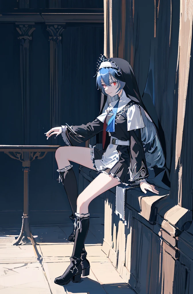 [(cathedral background:1.4)::5],Original,(Illustration:1.1),(Best Quality),(masutepiece:1.1),(the Extremely Detailed CG Unity 8K Wallpapers:1.1), (Colorful:0.9),(mid-shot:0.95),(Full body:1.5),Dynamic Angle,(Solo:1.2), (girl),(((Adult))), (Detailed beautiful eyes:1.15), (Beautiful face:1.15), (Glowing black eyes:1.25////),(Blue Long Hair),(nun headdress),(+perfect hand+:1.21),(Draw an illustration of a Holy Knight Wizard),(Religious),(slender),(she has boots on her feet),((I'm wearing black knee-high socks)),Smile,(Ruffled miniskirt with metal embellishments),beautiful slender adult,((theater background)),dark light,night,