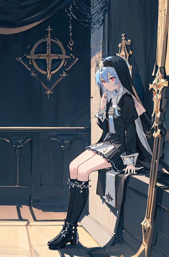[(cathedral background:1.4)::5],Original,(Illustration:1.1),(Best Quality),(masutepiece:1.1),(the Extremely Detailed CG Unity 8K Wallpapers:1.1), (Colorful:0.9),(mid-shot:0.95),(Full body:1.5),Dynamic Angle,(Solo:1.2), (girl),(((Adult))), (Detailed beautiful eyes:1.15), (Beautiful face:1.15), (Glowing black eyes:1.25////),(Blue Long Hair),(nun headdress),(+perfect hand+:1.21),(Draw an illustration of a Holy Knight Wizard),(Religious),(slender),(she has boots on her feet),((I'm wearing black knee-high socks)),Smile,(Ruffled miniskirt with metal embellishments),beautiful slender adult,((theater background)),dark light,night,