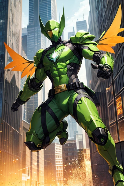((best quality)), ((masterpiece)), (detailed), 1 male, full body, 25 years old, masked, lemon green mask covering his entire head, smooth head, mask covering his mouth, 1 small crest on his head, oxygen mask, angry expression, black collar, tall and strong, very athletic, green fly wings, grey details, green fingerless gloves, green wrist guards, lemon green nanotech suit resembling light armor, lemon green chest with an emblem, orange fly emblem on his chest, fly, green pants, green knee pads, metallic green boots, orange superhero belt, flying around a building, city background, anime