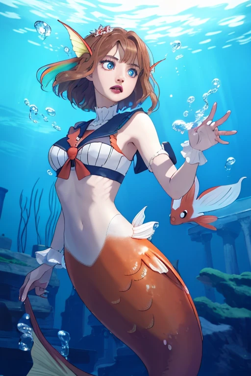 a detailed rendering of a beautiful young mermaid with short brown hair and blue eyes, her expression is shocked, 1 girl, underwater scene with magikarp tail, medium breasts, groin outline, (best quality,4k,8k,highres,masterpiece:1.2),ultra-detailed, HDR,UHD,studio lighting,ultra-fine painting,sharp focus,physically-based rendering,extreme detail description,professional,vivid colors,bokeh