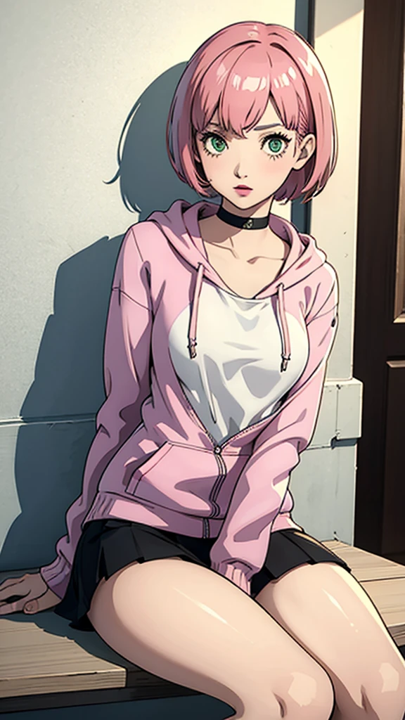1 girl, green eyes, very Short hair, pink choker, lipstick, Shy, pink hair , tomboy Pixie haircut, hoodie, skirt, white stockings, thicc legs,cowboy shot, sit, flat chest, flat chest