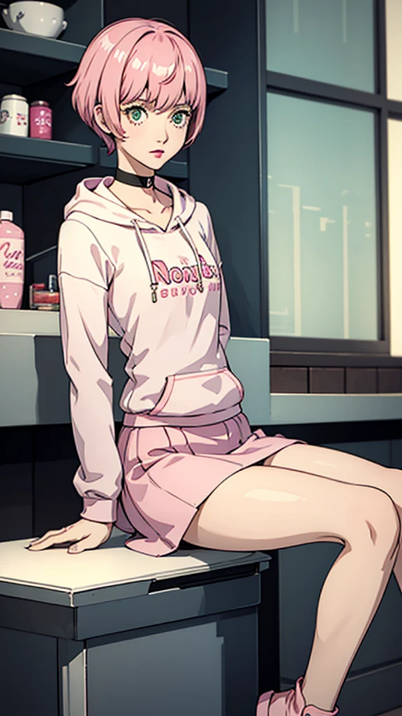 1 girl, green eyes, very Short hair, pink choker, lipstick, Shy, pink hair , tomboy Pixie haircut, hoodie, skirt, white stockings, thicc legs,cowboy shot, sit, flat chest, flat chest