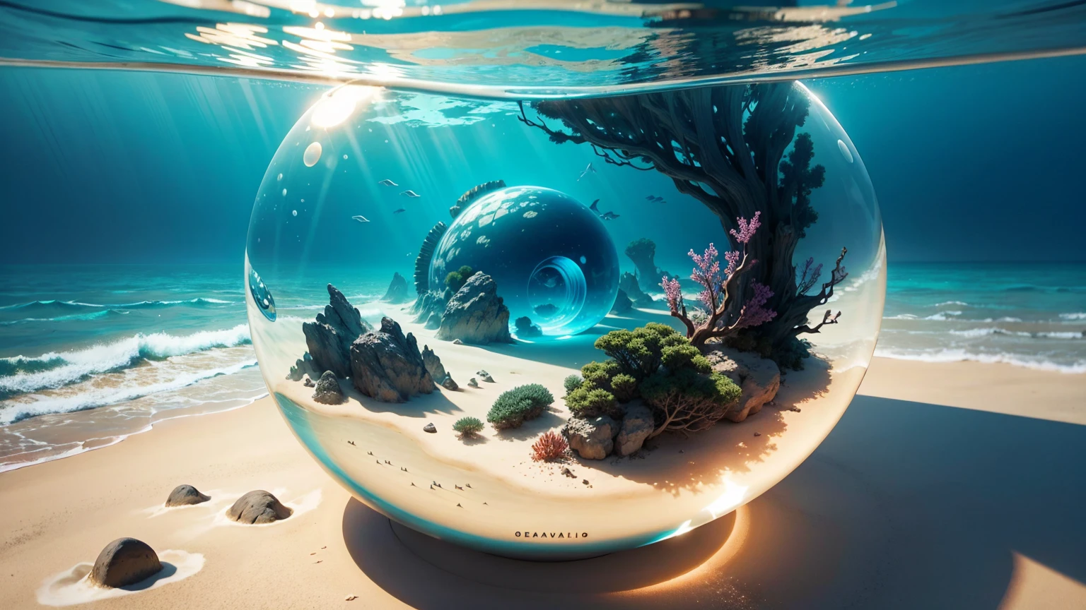 Underwater world,Marine life，Transparent fog，The hemispherical shape looks down from the sky，fanciful，Artistically。beach sand background