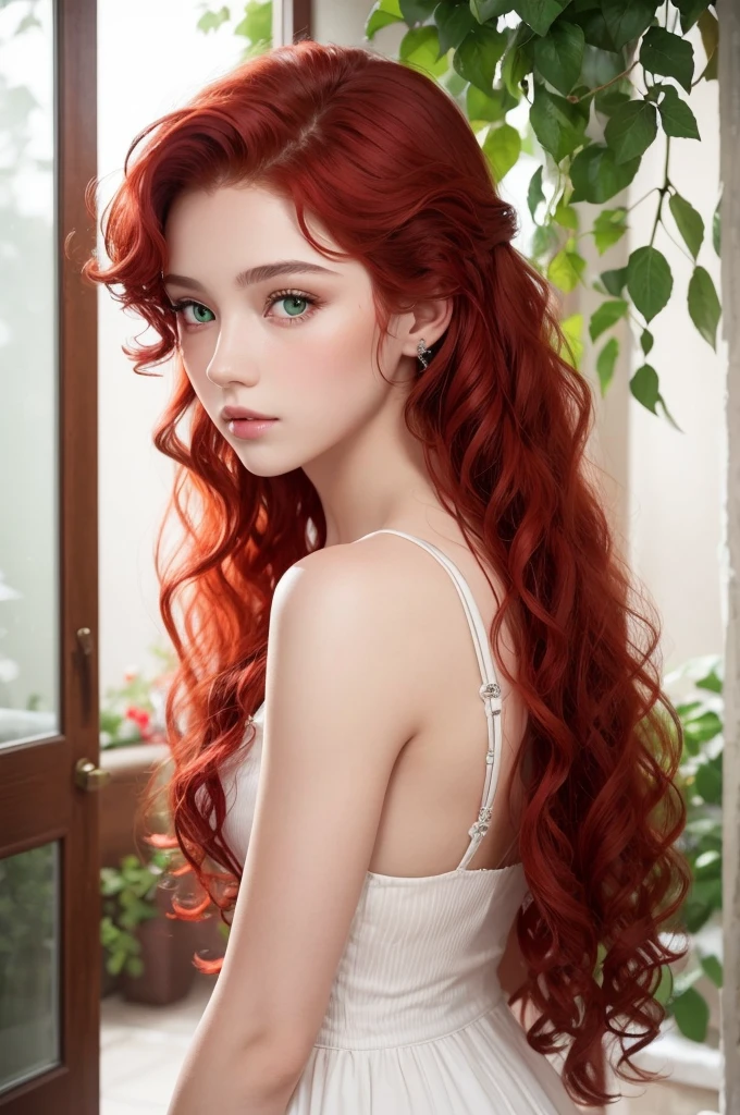 A beautiful 17 year old girl with lips like a rose ,with red curly hair and green eyes like emeralds and skin as white as snow 
