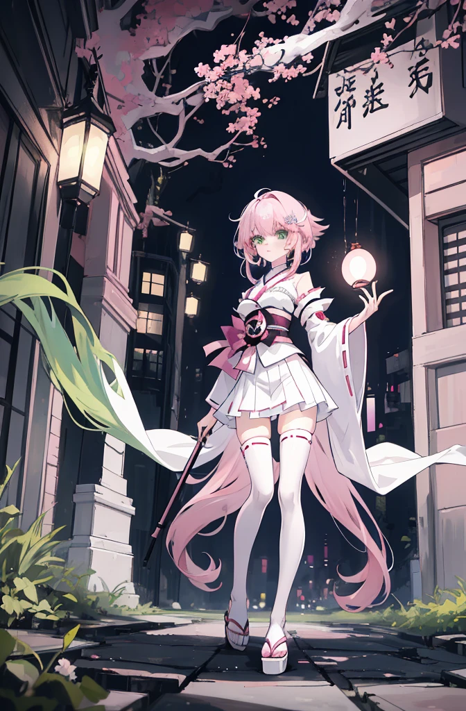 ((A pink-haired))，The hair was long，green eyes,Very long dull hairs，dark city background，white kimono costume，White miko stockings，white mini skirt, night,standing,pink hair,pink hair,