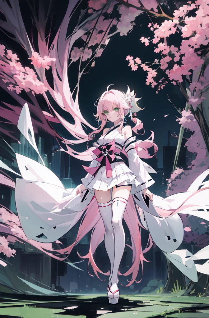 ((A pink-haired))，The hair was long，green eyes,Very long dull hairs，dark city background，white kimono costume，White miko stockings，white mini skirt, night,standing,pink hair,pink hair,