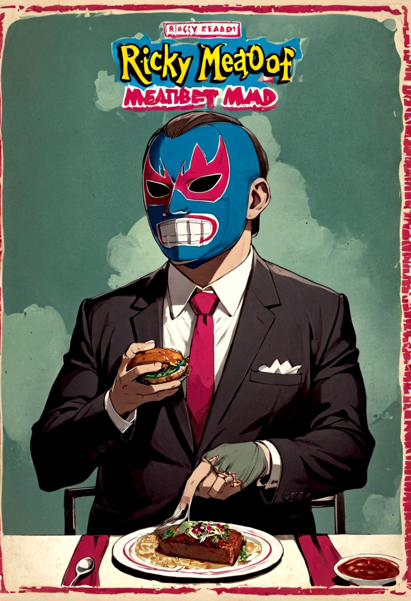 Lucha libre masked man, buff, wearing a suit and enjoys a nice meal. Album cover called "Ricky Meatloaf"