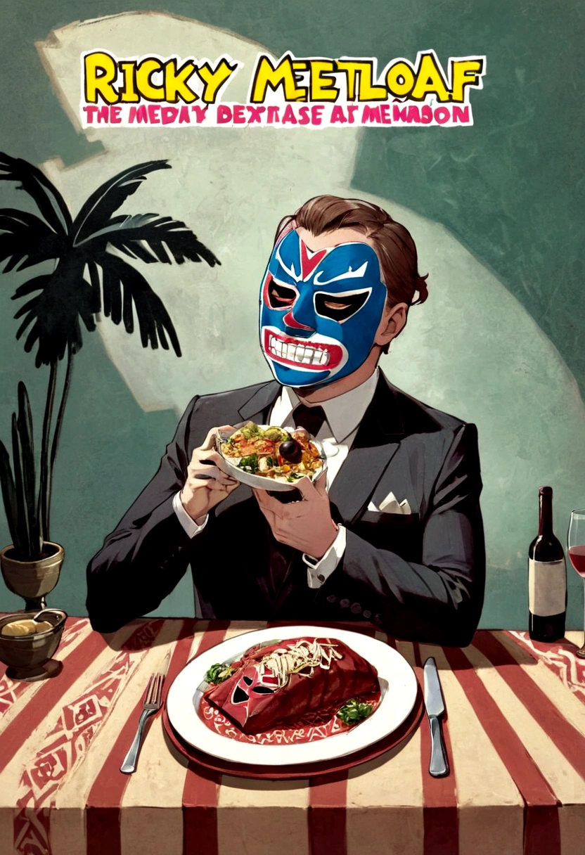 Lucha libre masked man, buff, wearing a suit and enjoys a nice meal. Album cover called "Ricky Meatloaf"