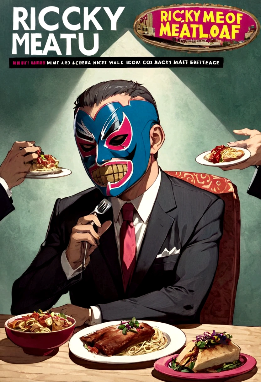 Lucha libre masked man, buff, wearing a suit and enjoys a nice meal. Album cover called "Ricky Meatloaf"