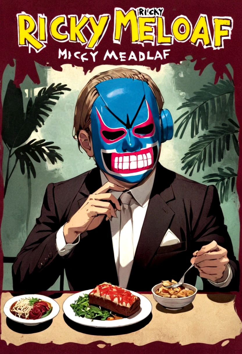 Lucha libre masked man, buff, wearing a suit and enjoys a nice meal. Album cover called "Ricky Meatloaf"