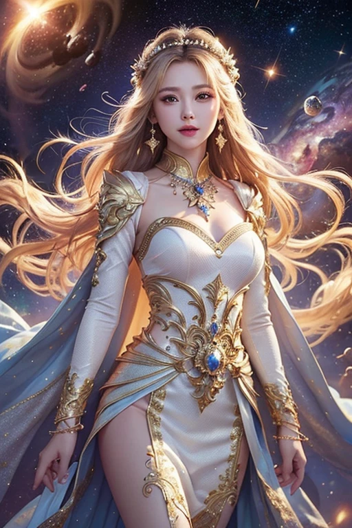 (masterpiece、Highest quality、High resolution、8K、16K)、((Alone in space、Beautiful Goddess、Standing posture、フローティング in the sky like a star))、((whole body))、Golden Cape、White long dress、No sleeve、Adorned with vibrant jewels、Gold Bracelet、Blonde middle、Beautiful brown eyes、A kind smile、Mouth closed、Elegant and detailed face、Graceful operation、Place one hand under your chest、Professional Lighting、The universe is full of light、Countless stars and nebulae、