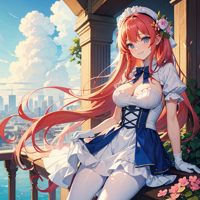 (masterpiece, best quality, detailed), 1girl, solo, looking at the sky
ElfGirl, reddish orange hair, left hair pigtail tied with two flowers, light blue eyes, smile, closed mouth, huge breasts, lightblue flower at side of hair, (pink unifrom, white gloves, pink pantyhose), outdoors, rooftop, day, cityscape, blue sky, cloud, scenery, railing, arms onward