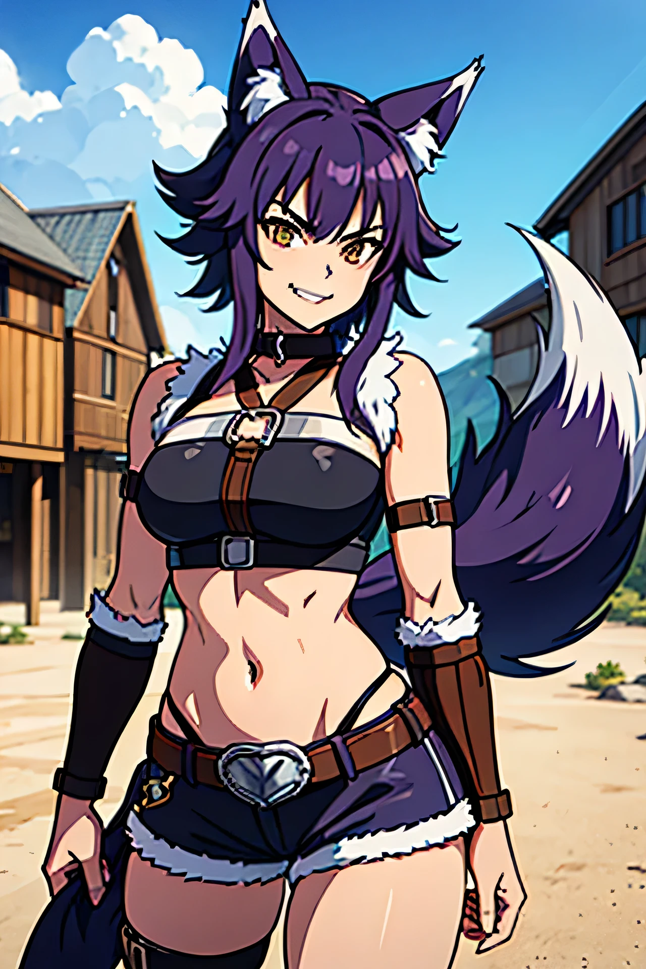 makoto, wolf ears, wolf tail, metal collar, crop top, bare shoulders, arm belt, bracers, purple short shorts, belt, fur trim, thigh belt, smirk, looking at viewer, outdoors, wooden buildings