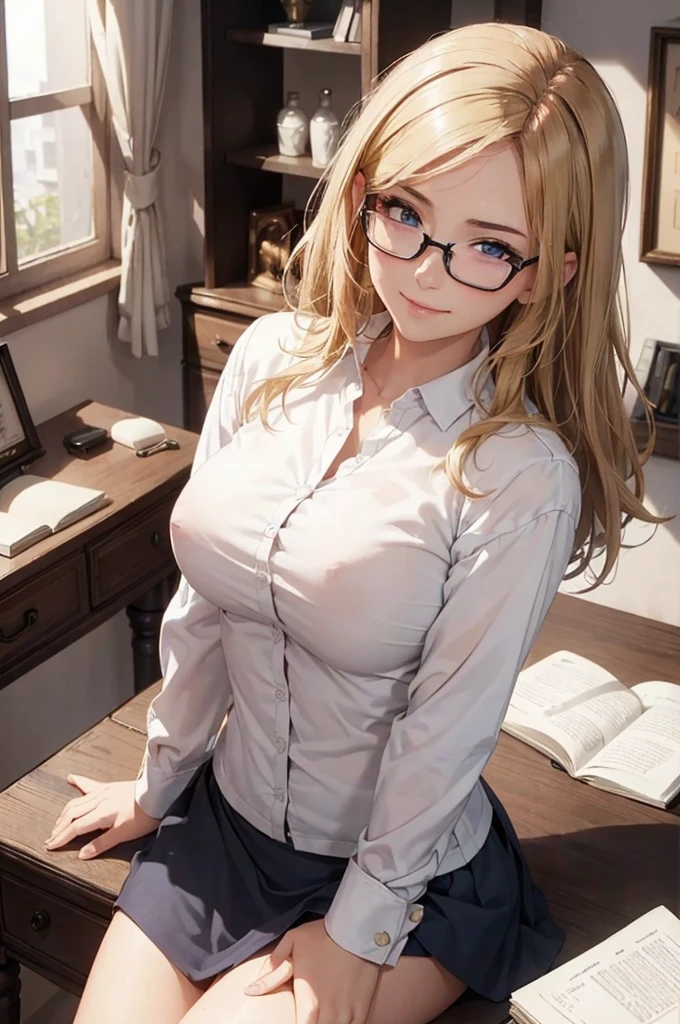 masterpiece, 最high quality, high quality, High resolution, high quality texture, high quality shadows, High resolution, Beautiful details, Detailed CG, Detailed Texture, Realistic representation of face, Realistic, colorful, delicate, Cinematic Light, Side light, Lens flare, Ray Tracing, sharp concentrated, (1 Girl,concentrated:1.3), ( Intricate details, compensate, PureErosFaceV1:0.5), (細部まで美しいdelicateな顔, 緻密で美しいdelicateな瞳, Perfect Facial Proportions, Dense skin, Optimal ratio of four fingers to one thumb, Arms under chest, medium breasts, Wide Hips, Smooth upper abdomen, Tilt,middle hair ,wavy hair , Without hands, 30 years old,Blue Eyes,Glasses, Study,Office Lady, Navy uniform,Glasses,White shirt, Black tight skirt,Black Stockings,machine,adultery,house wife,curvy,supright straddle, bich, sweat,missionary,seductive gaze, the gaze of true love, lips of temptation, A look full of compassion ,a smile full of love, i love you, Acting lovey-dovey, air fortress hair, blonde hair,show off nipples under white shirt