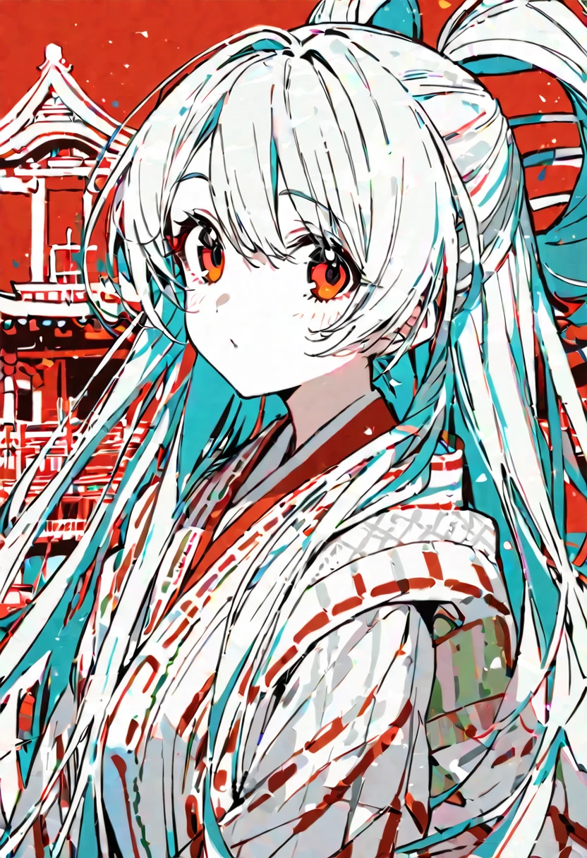 Highest quality, beautiful, detailed, Kuroume, One girl, detailed background, Highest quality, Flat Color, Limited edition palette, bold lines
BREAK One girl, hatsune miku, Shrine maiden, Long Hair, cute, View your viewers, Contemporary, Upper Body, Uppercut, Red background