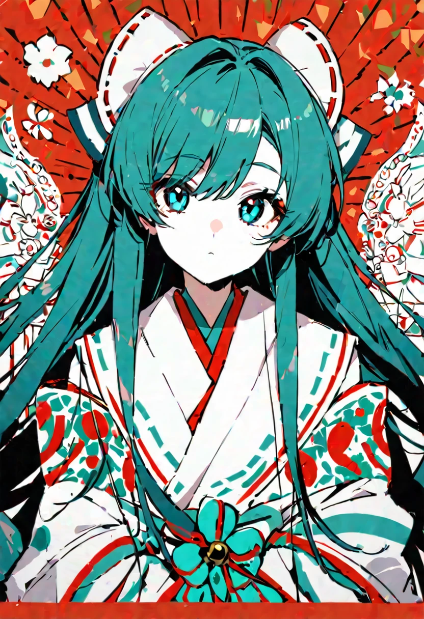 Highest quality, beautiful, detailed, Kuroume, One girl, detailed background, Highest quality, Flat Color, Limited edition palette, bold lines
BREAK One girl, hatsune miku, Shrine maiden, Long Hair, cute, View your viewers, Contemporary, Upper Body, Uppercut, Red background