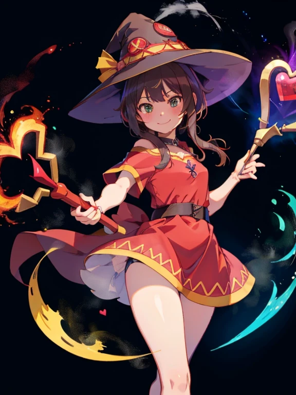 1girl, solo, short sleeves, green eyes, looking at viewer, smile, , simple background, heart   1girl,( steam, thong, megumin,  witch hat, red dress, magic staff,