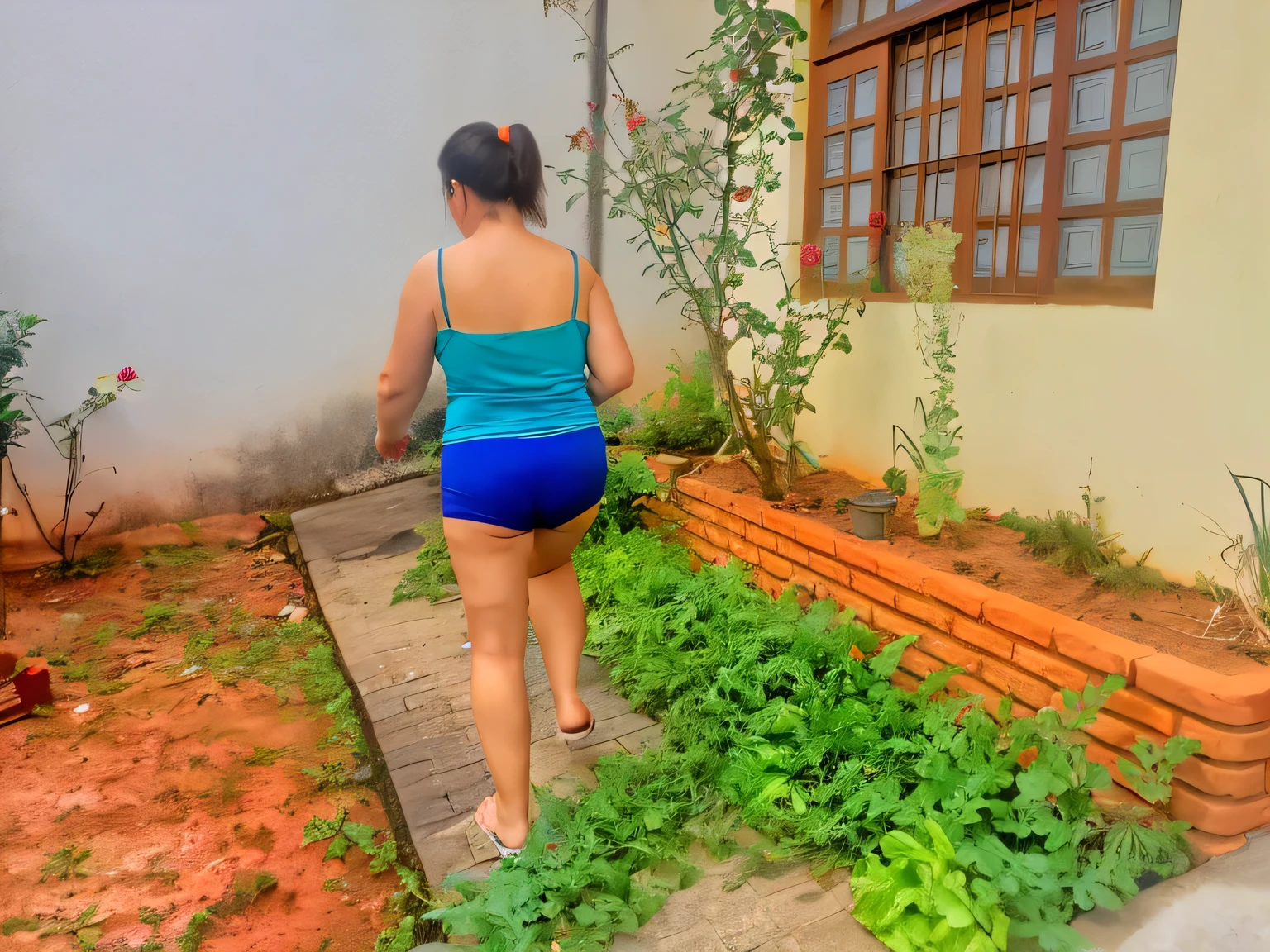 there is a woman walking down a sidewalk in a blue top, uhd candid photo of dirty, wearing dirty travelling clothes, cottagecore!! fitness body, in full growth from the back, side view of her taking steps, in shorts, wearing a camisole and shorts, walking away from the camera, walking at the garden, 40 years woman