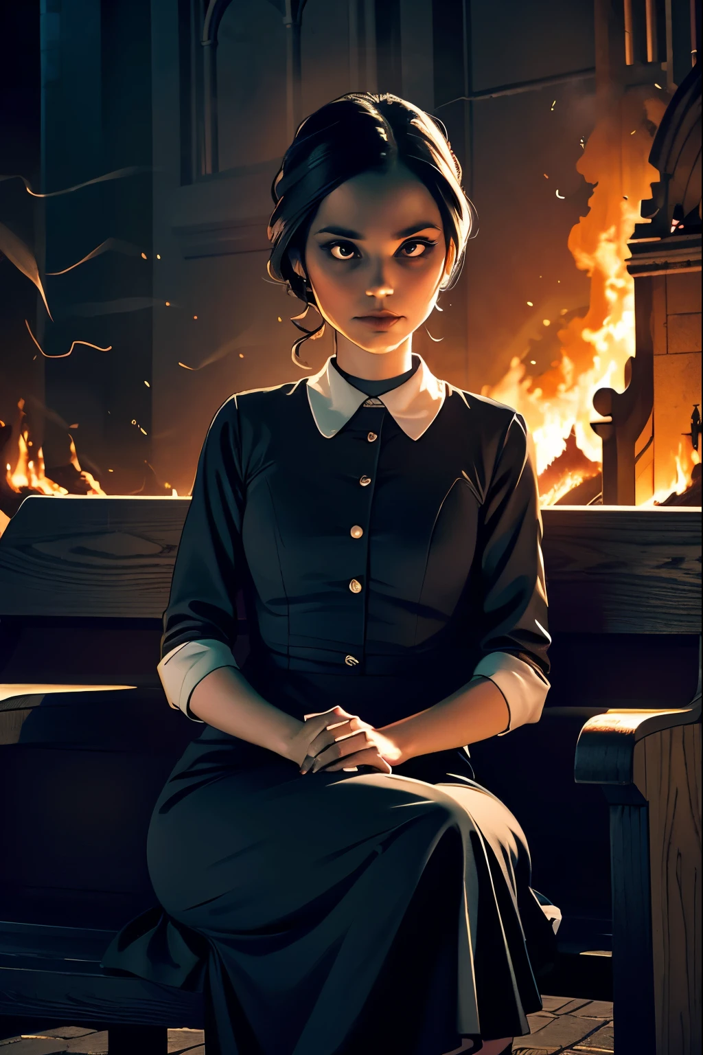 wednesday_addams, dress, black dress, ((30 year old woman)), sitting on pew in church on fire, Smoke, Fire, Dark background, night time, lights off