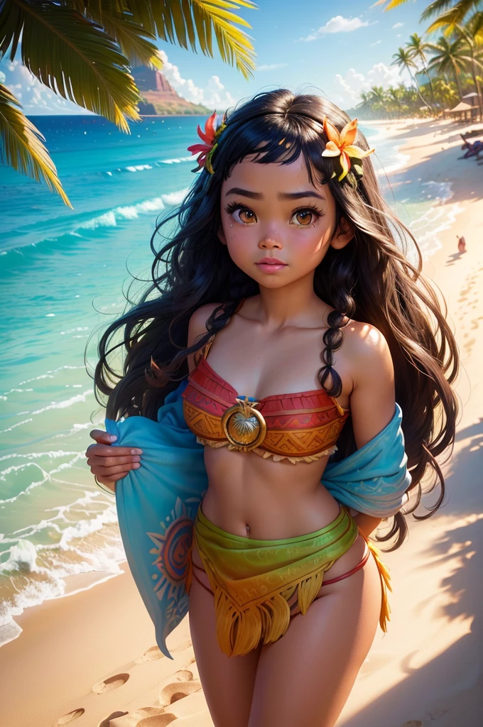 moana, Disney, adult version, hawaiian dress, Paradisiacal beach, (extremely detailed CG unit 8k wallpaper),(master part), (best quality), (ultra detali), (best illustration),(melhor ombre), cowboy shot, (Sharp eyeliner, ombre, detailedeyes:1), city background, ,break , (star15escola:1.2), hair ornament, ,