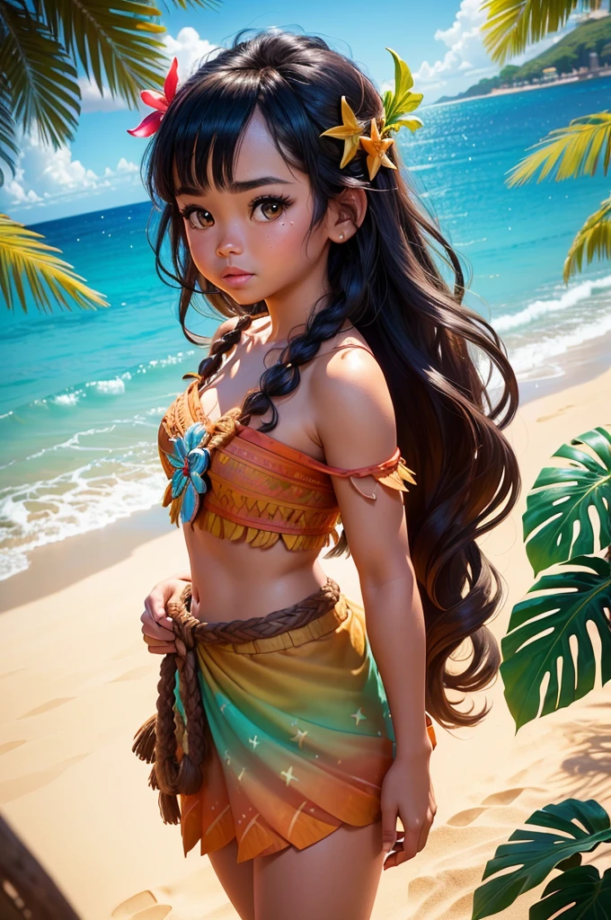 moana, Disney, adult version, hawaiian dress, Paradisiacal beach, (extremely detailed CG unit 8k wallpaper),(master part), (best quality), (ultra detali), (best illustration),(melhor ombre), cowboy shot, (Sharp eyeliner, ombre, detailedeyes:1), city background, ,break , (star15escola:1.2), hair ornament, ,