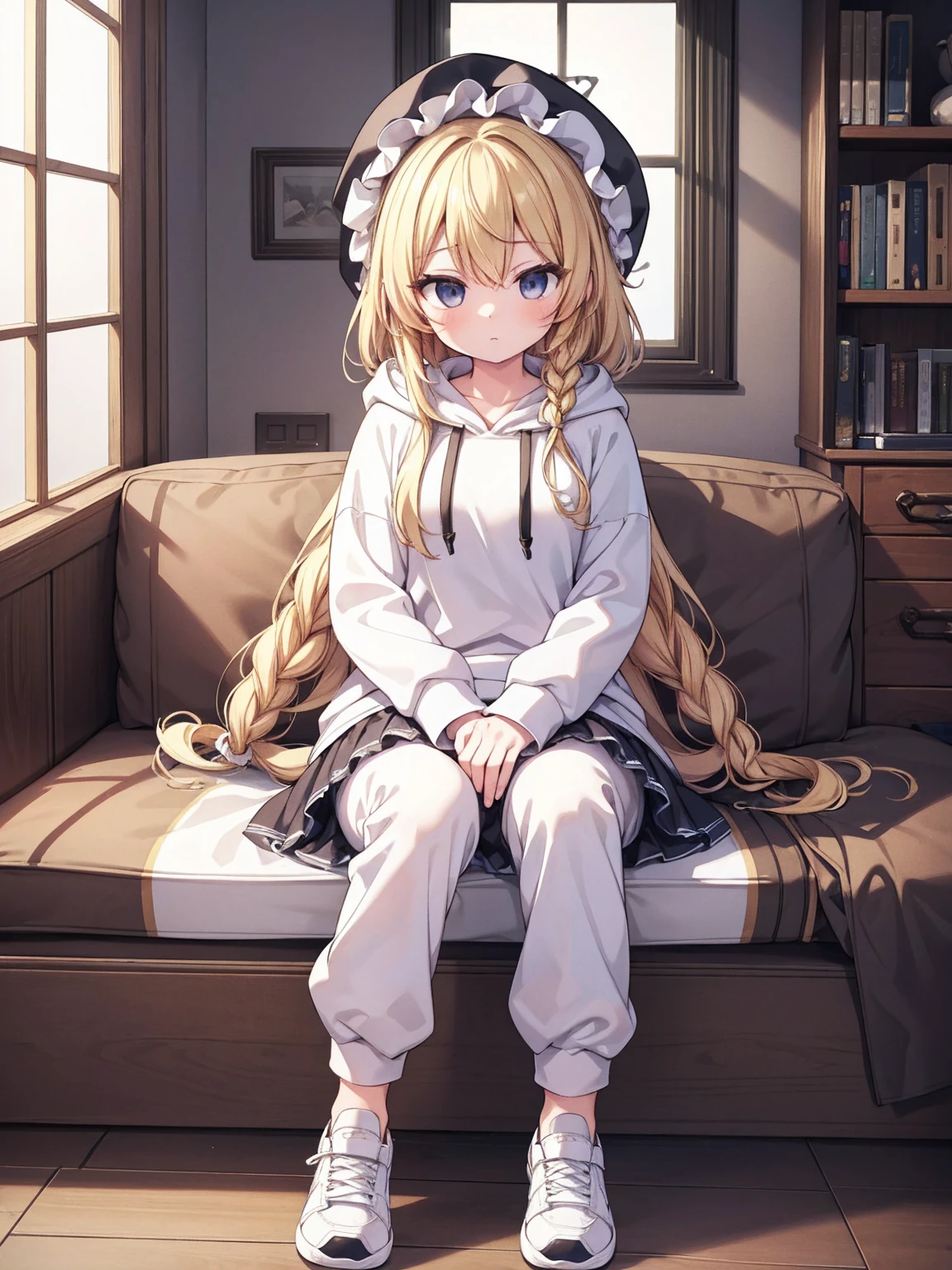 masterpiece, top quality, super detailed, CG illustration, high resolution, better lighting, best shadows, very delicate and beautiful, proper shading, hd, 8k,kirisame marisa, 1girl, solo, blonde hair, braid, shoes, alternate costume, pants, hood, hoodie, sneakers, contemporary