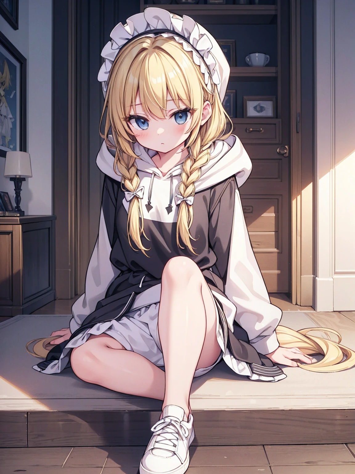 masterpiece, top quality, super detailed, CG illustration, high resolution, better lighting, best shadows, very delicate and beautiful, proper shading, hd, 8k,kirisame marisa, 1girl, solo, blonde hair, braid, shoes, alternate costume, pants, hood, hoodie, sneakers, contemporary