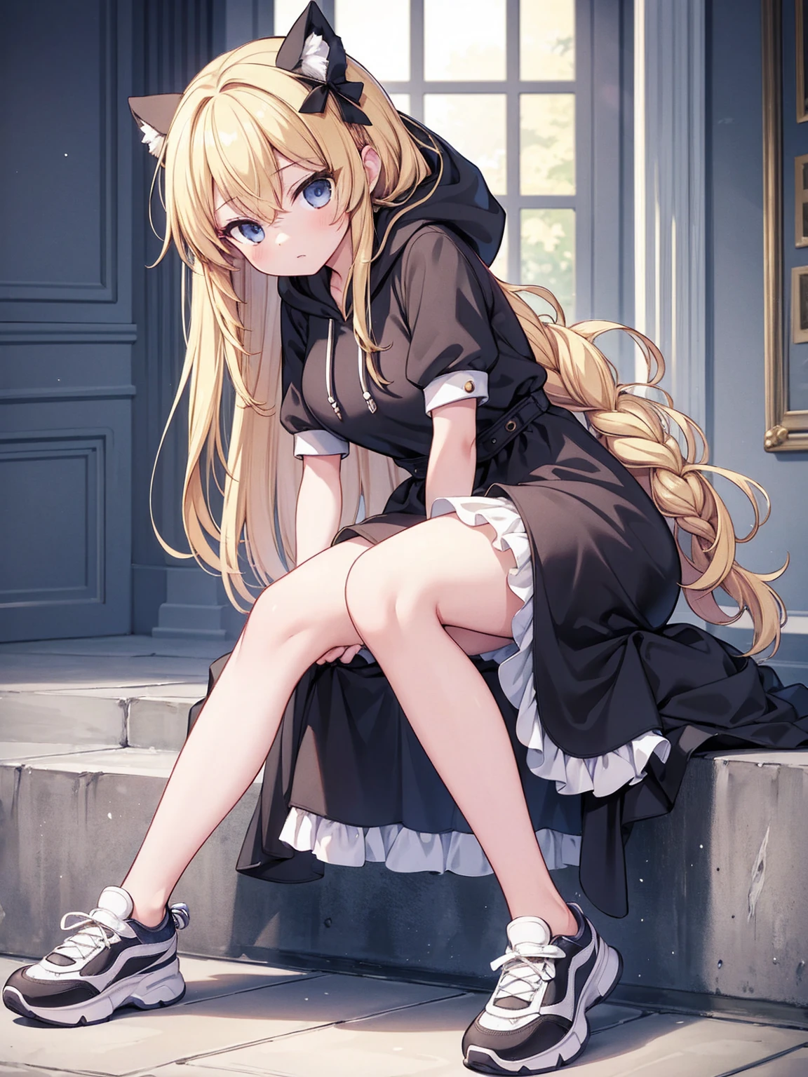 masterpiece, top quality, super detailed, CG illustration, high resolution, better lighting, best shadows, very delicate and beautiful, proper shading, hd, 8k,kirisame marisa, 1girl, solo, blonde hair, braid, shoes, alternate costume, pants, hood, hoodie, sneakers, contemporary