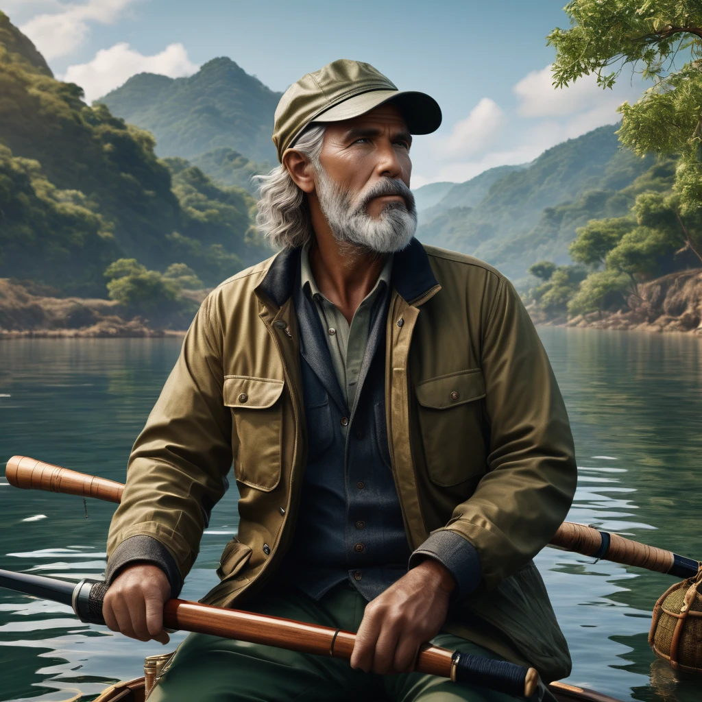 The fisherman thinks about financial profit and an image of money appears above his head . High quality photo realistic .8k,, detailed, realistic, 8k uhd, high quality