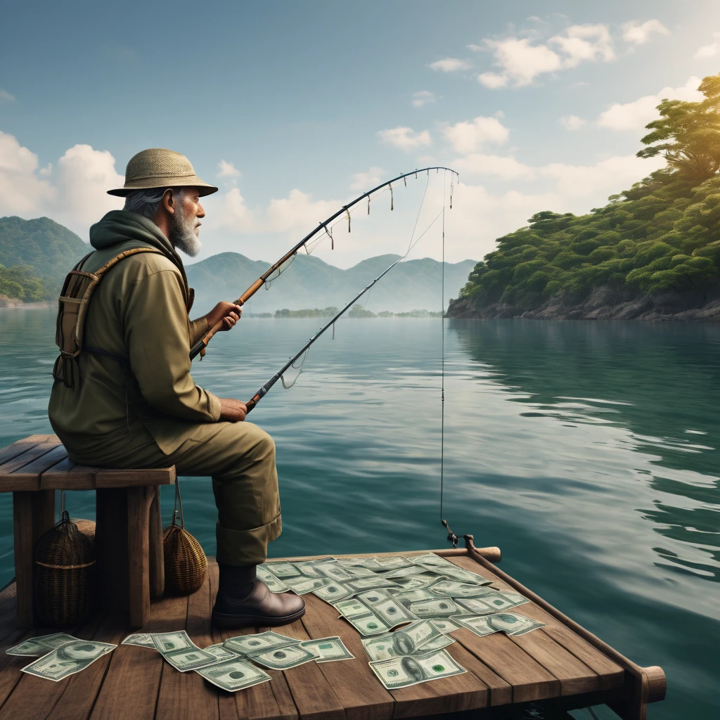 The fisherman thinks about financial profit and an image of money appears above his head . High quality photo realistic .8k,, detailed, realistic, 8k uhd, high quality