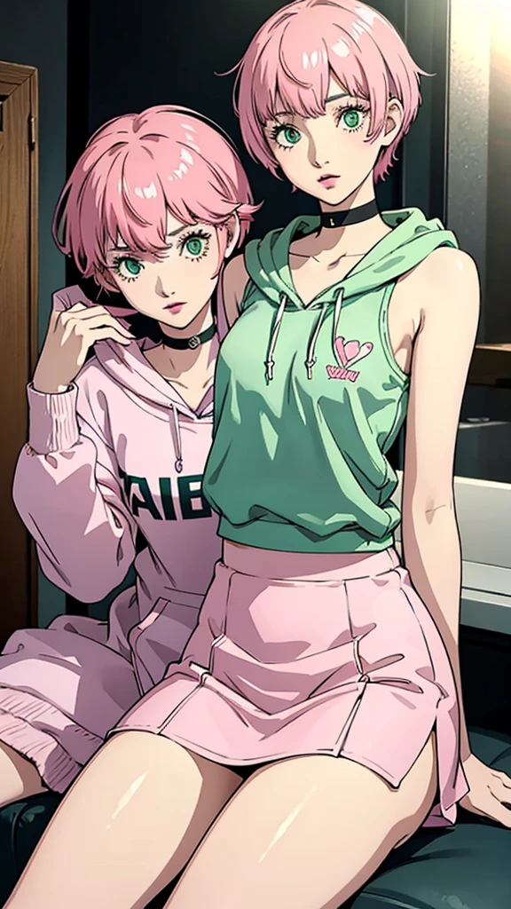 1 girl, green eyes, very Short hair, pink choker, lipstick, Shy, pink hair , tomboy Pixie haircut, hoodie, skirt, white stockings, thicc legs,cowboy shot, sit, flat chest, flat chest 