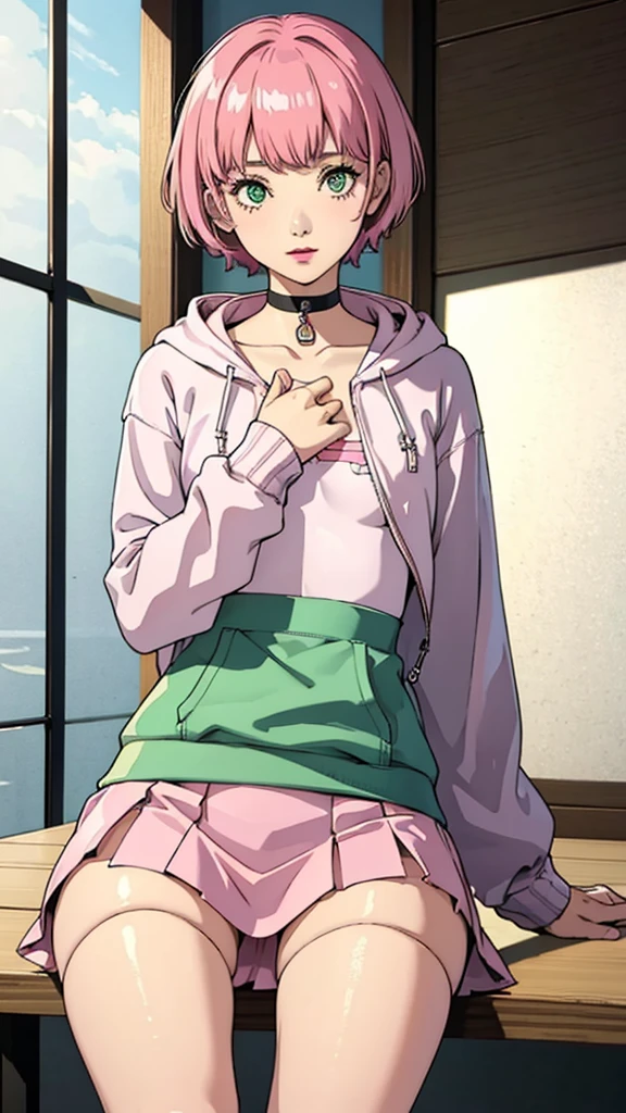 1 girl, green eyes, very Short hair, pink choker, lipstick, Shy, pink hair , tomboy Pixie haircut, hoodie, skirt, white stockings, thicc legs,cowboy shot, sit, flat chest, flat chest 